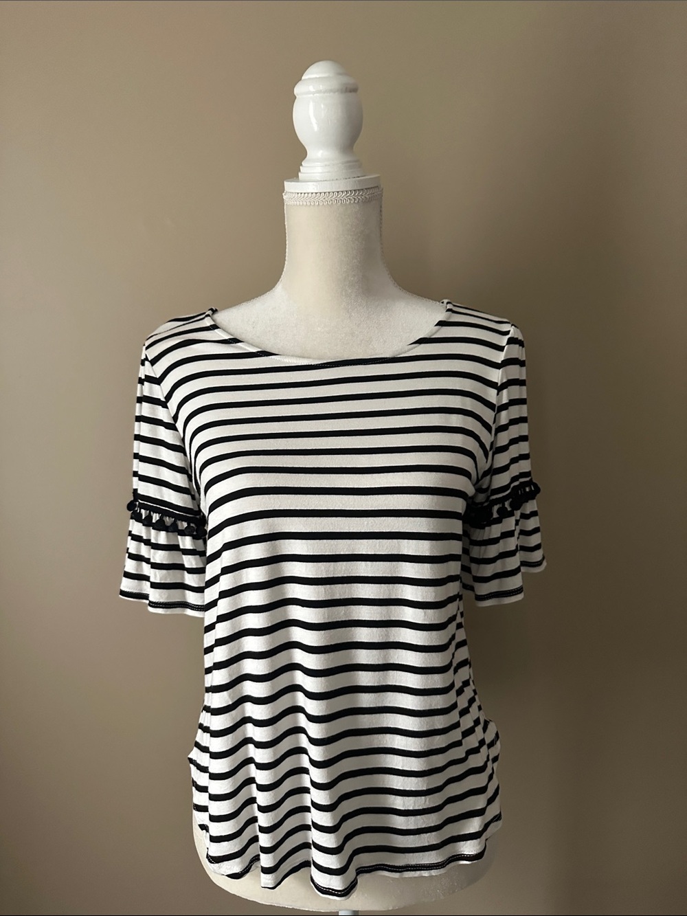 Green Envelope Black & White Striped Ruffle Sleeve Tee